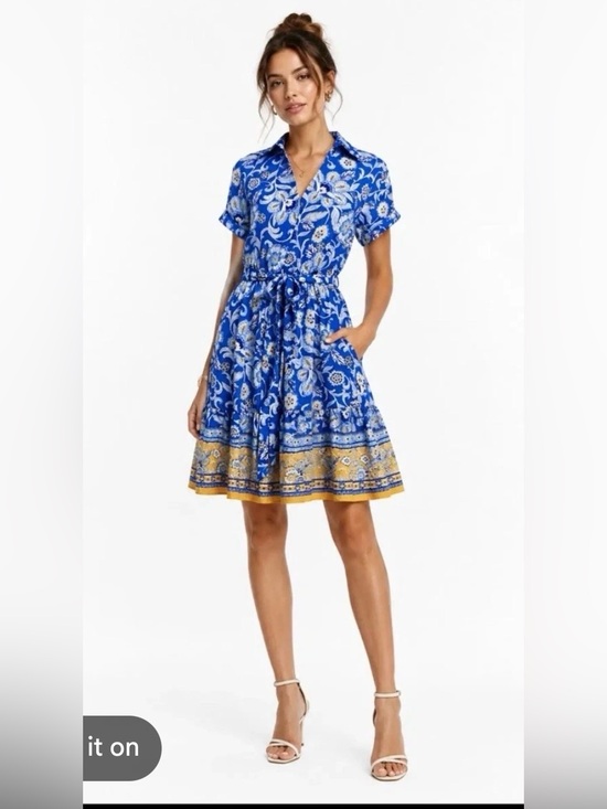 Sam Edelman Dresses & Skirts - NWT Sam Edelman Floral Shirt Dress | Blue & Yellow Tie Waist Pocket Dress